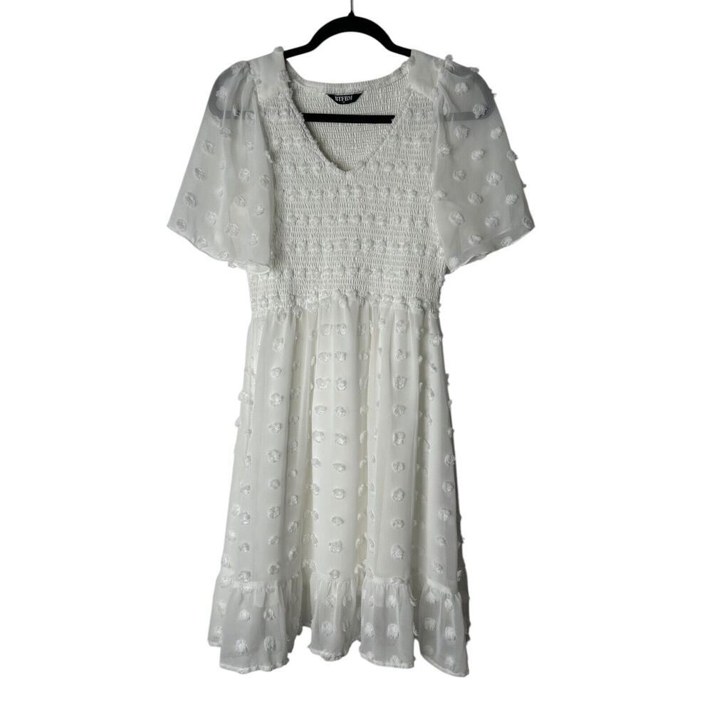 BTFBM Dress Women's Medium White Smocked Swiss Dot V Neck Short Sleeve Bohemian